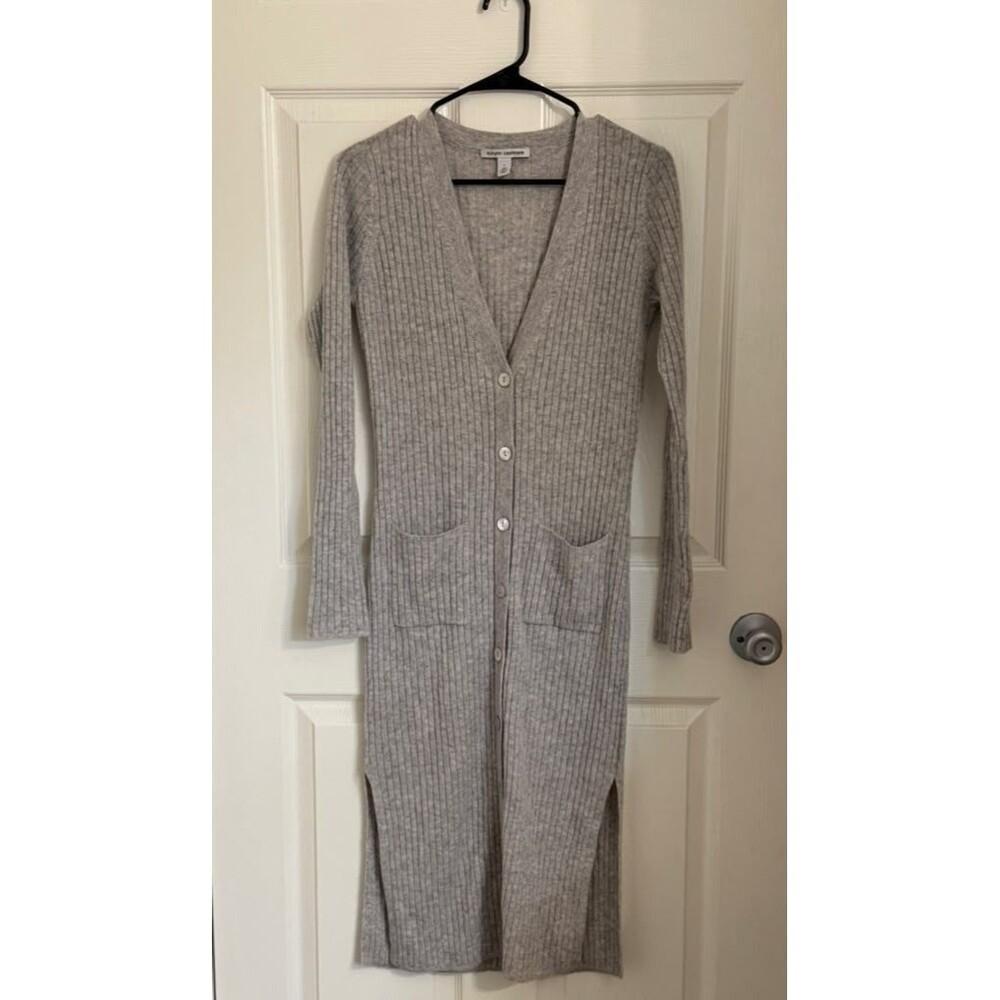 Autumn Cashmere 100% Cashmere Ribbed Long Cardigan Sweater Gray Size S